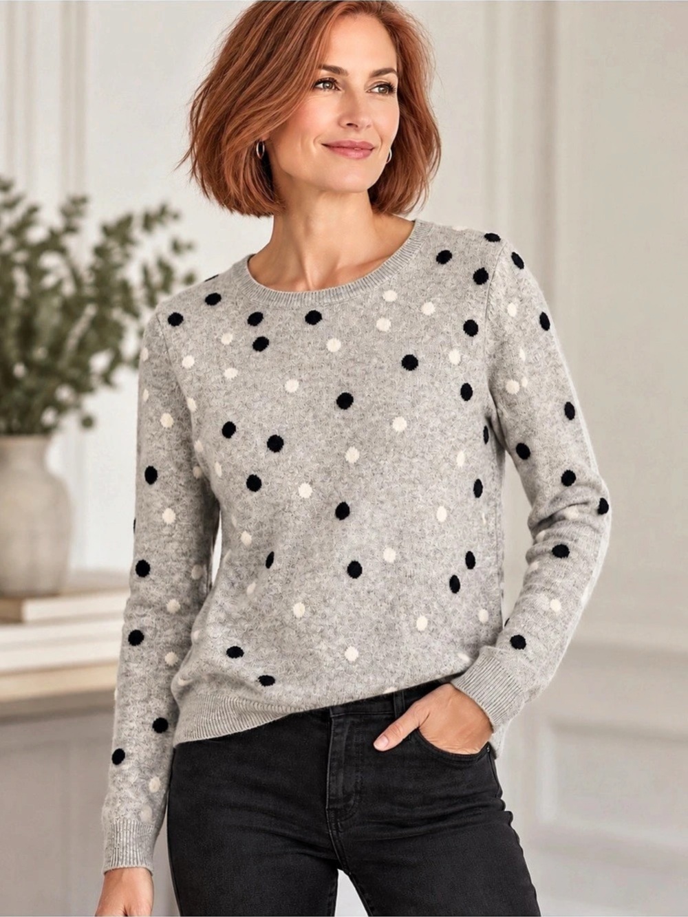 Saks Fifth Avenue 100% Cashmere Polka Dot Sweater Gray Black S Petite Academia